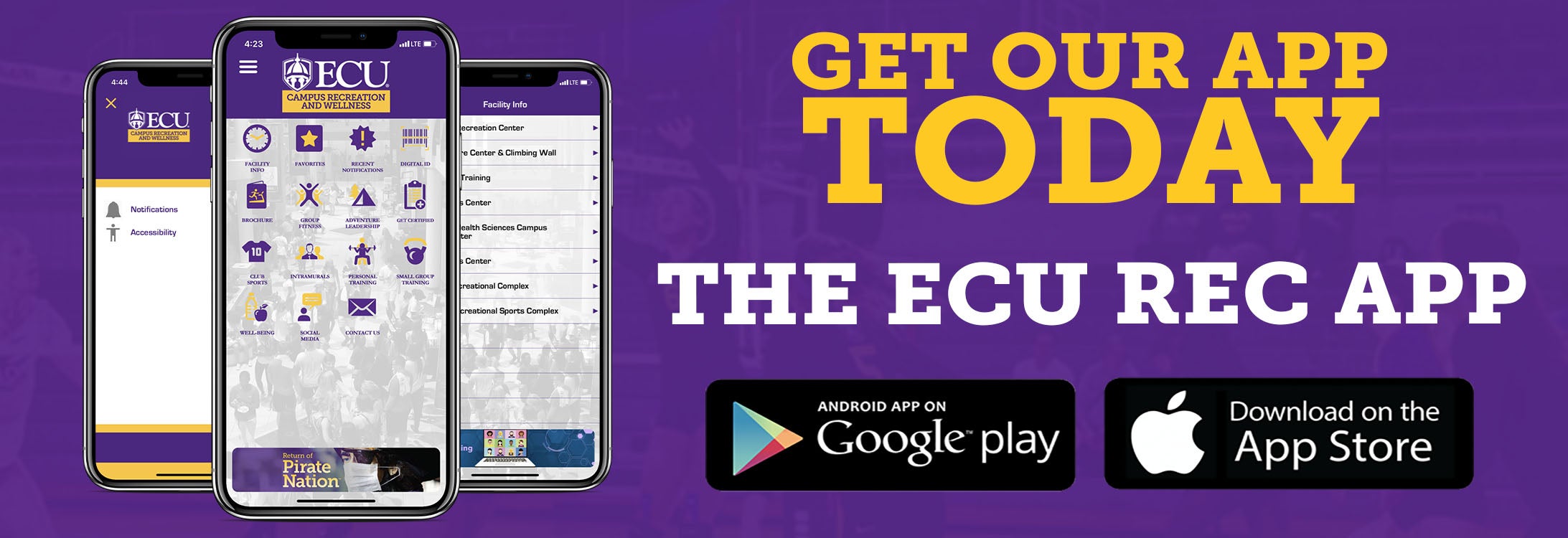Get our App Today - The ECU Rec App - Android App on Google Playstore and Download on the App Store