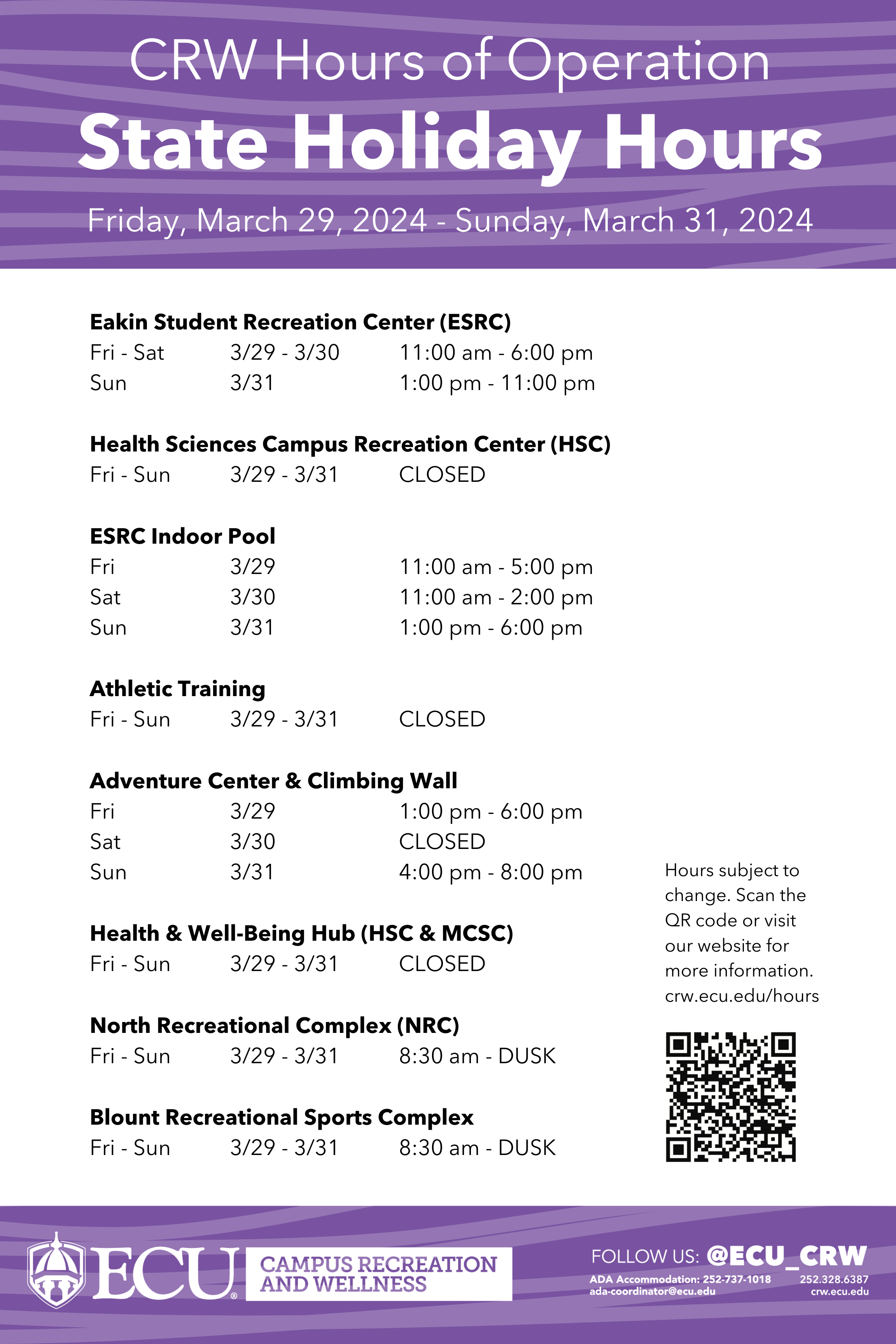 Hours of Operation Campus Recreation Wellness ECU